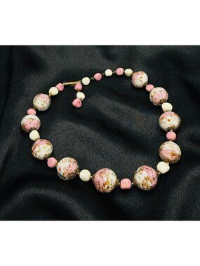 Rare Find Vintage 1970s Made In Italy Signed Pink & White Beaded Choker Necklace